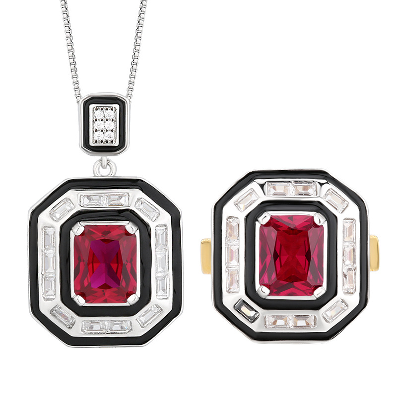 Otoño e invierno nuevo estilo Zhuang Shengsheng joyería con alto contenido de carbono diamante flor de hielo corindón rojo con incrustaciones de cobre diamante cuadrado traje retro 8*10