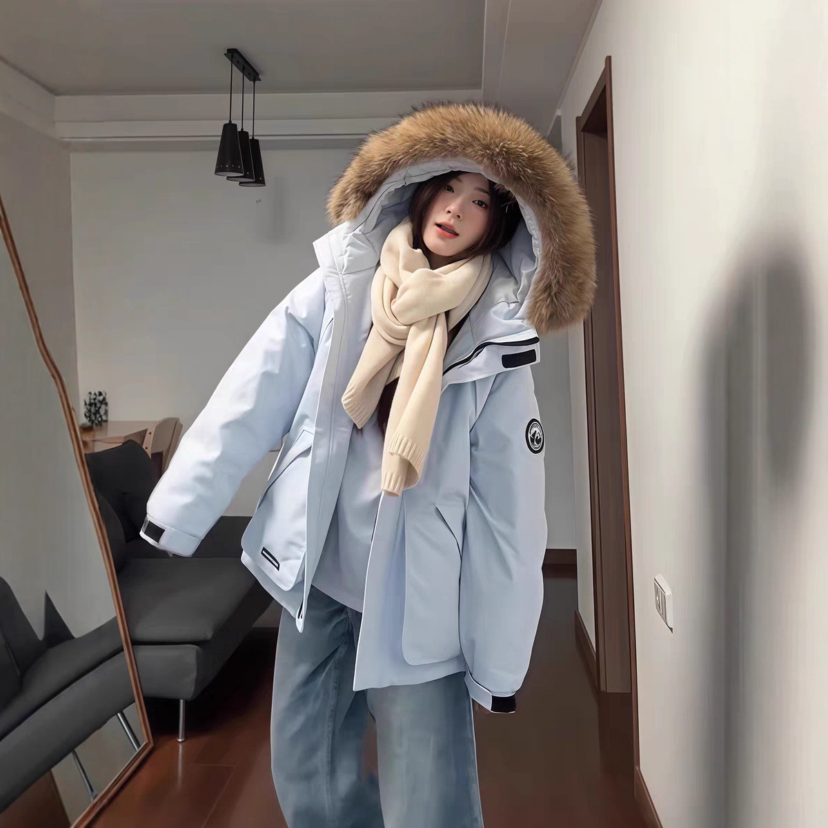 Blue Large Fur Collar down Jacket Women's Short 2025 Winter New Style Small Thickeneded White Duck down Parka Workwear