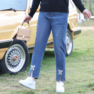 Autumn New Plus-Size Jeans for Women, Fat mm 100kg Size, Stretchy, Slimming, Bow-Knot Decoration, Fashionable Straight-Leg Pants