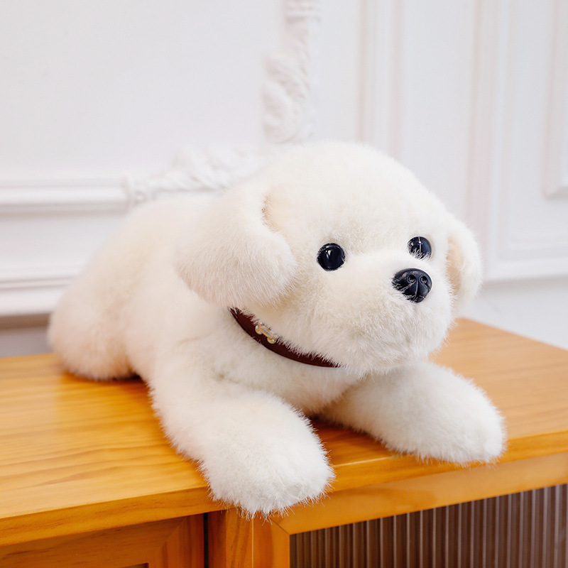 Cute collar perro juguete de peluche cachorro muñeca husky muñeca de pelo dorado suave lindo dormir simulación perro suave