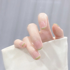 B311綠邊法式短款透粉日常穿戴甲少女美甲成品假指甲貼片粉透美甲