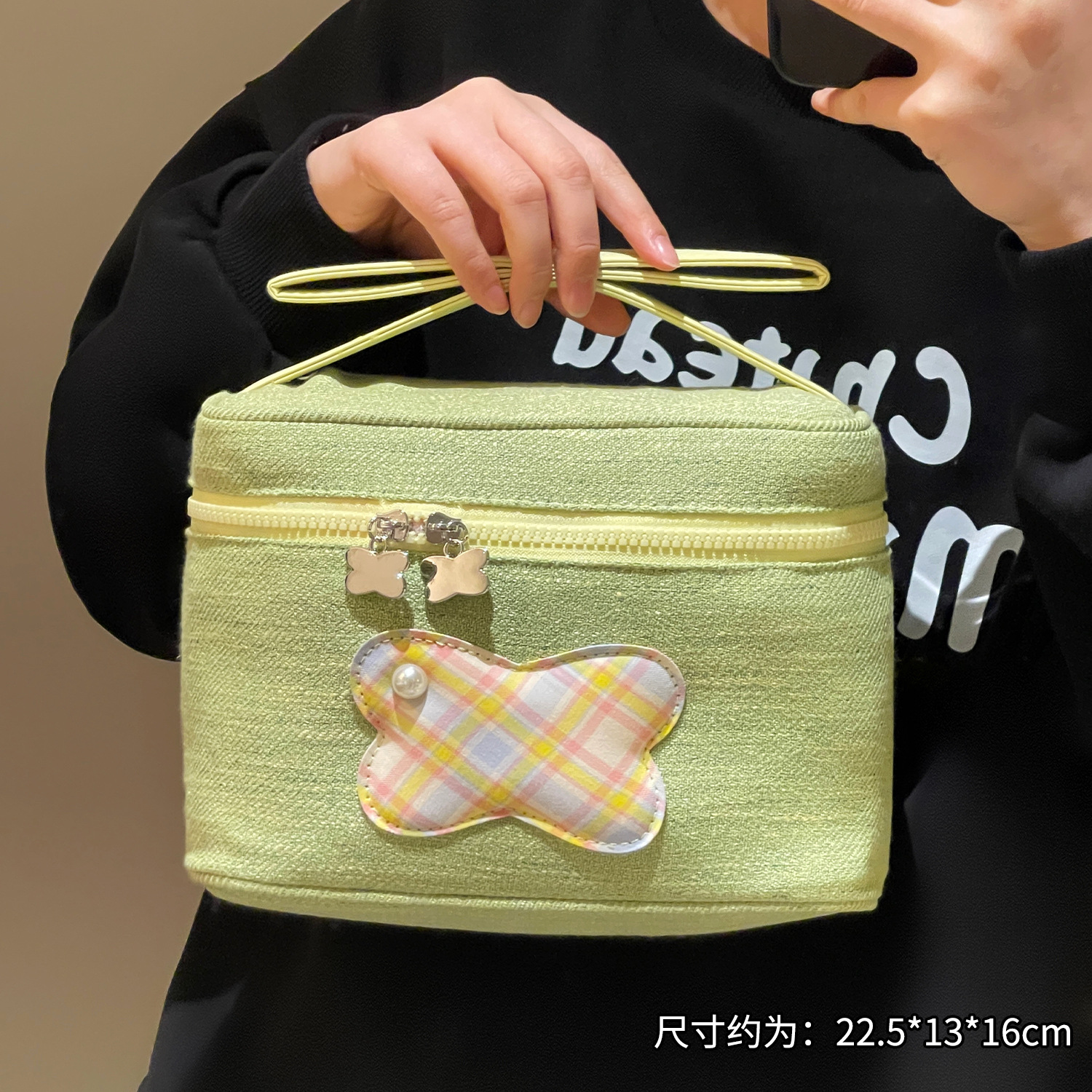 Bolsa de maquillaje de lazo verde