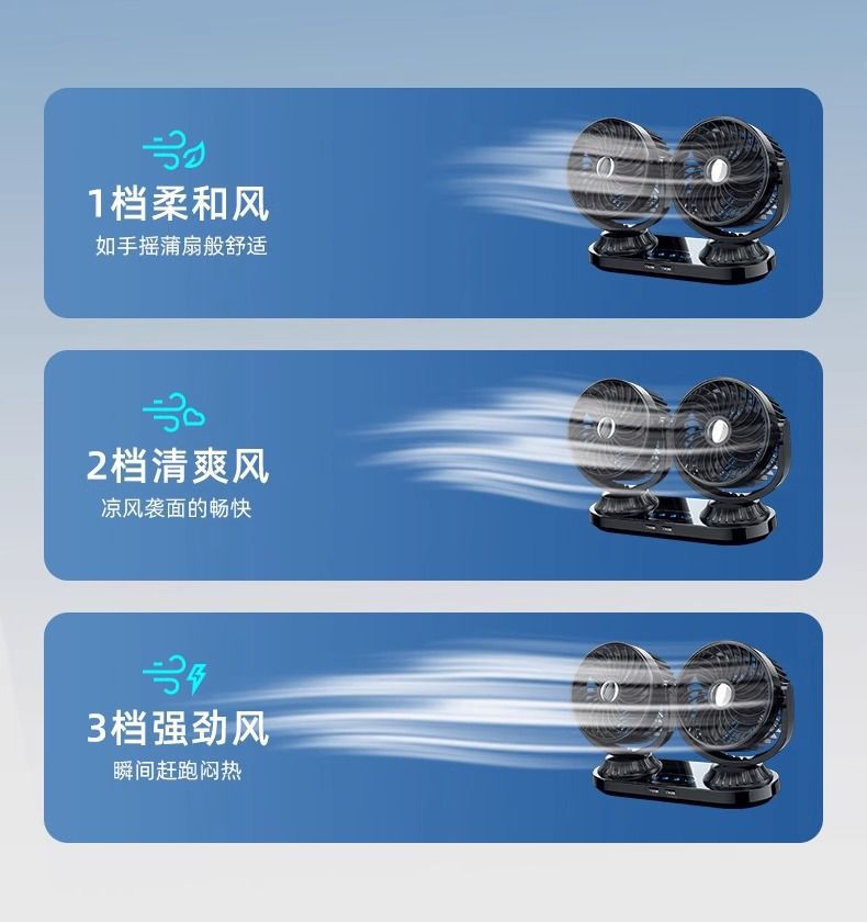 Car fan 12v large truck 24v small bread automatic shaking head double head powerful car fan usb