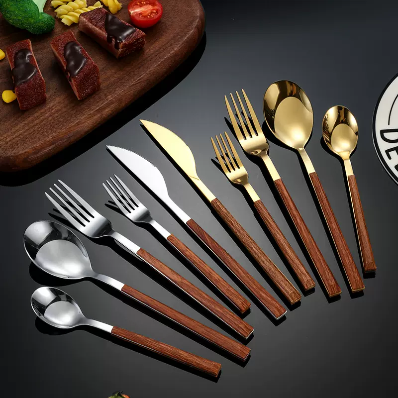 跨境不锈钢西餐具刀叉勺五件套装木纹夹柄仿木柄韩式餐具牛排刀叉