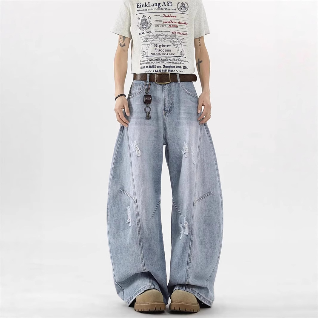 Deconstructed Ripped Curved Blade Straight Leg Jeans, Unisex Oversized Clean Fit High Street Casual Denim Pants_mkmklike.com