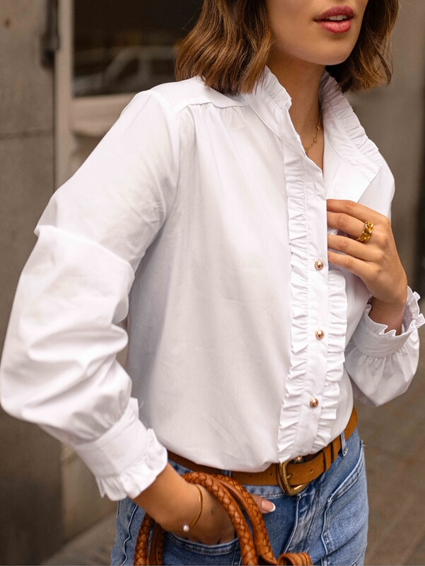 欧美跨境白色春秋2025新款女装木耳边衬衫袖立领衬衣休闲度假衬衫|undefined