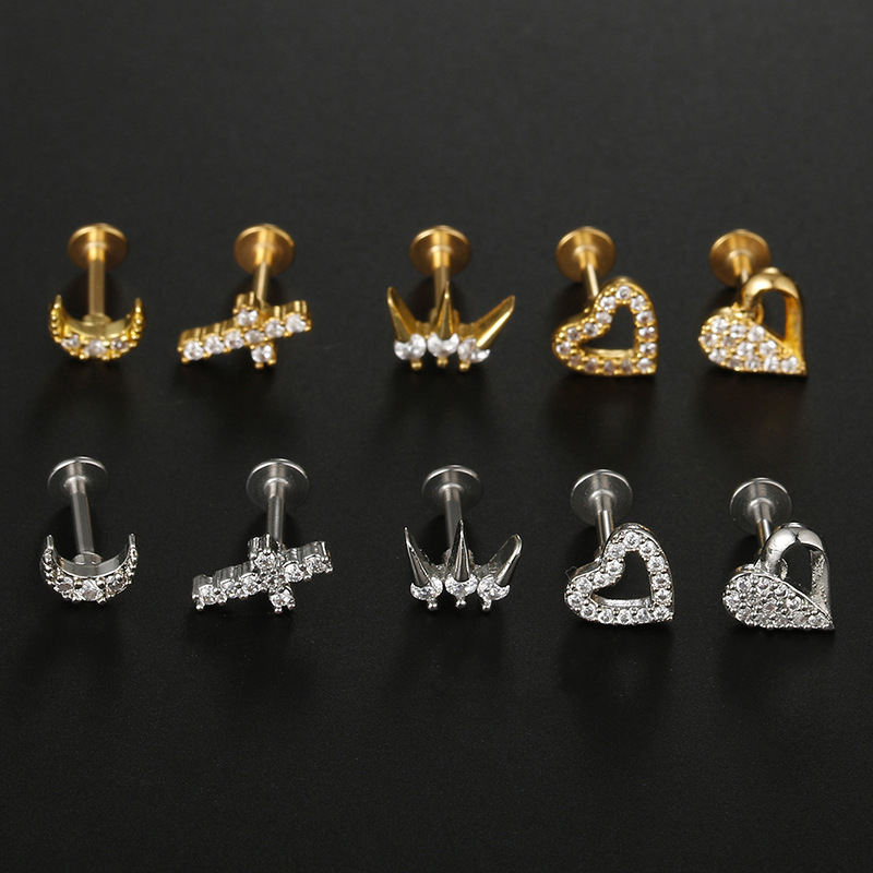 Hip-Hop Cross Moon Heart Shape Stainless Steel Inlay Zircon lip stud Ear Studs 1 Piece