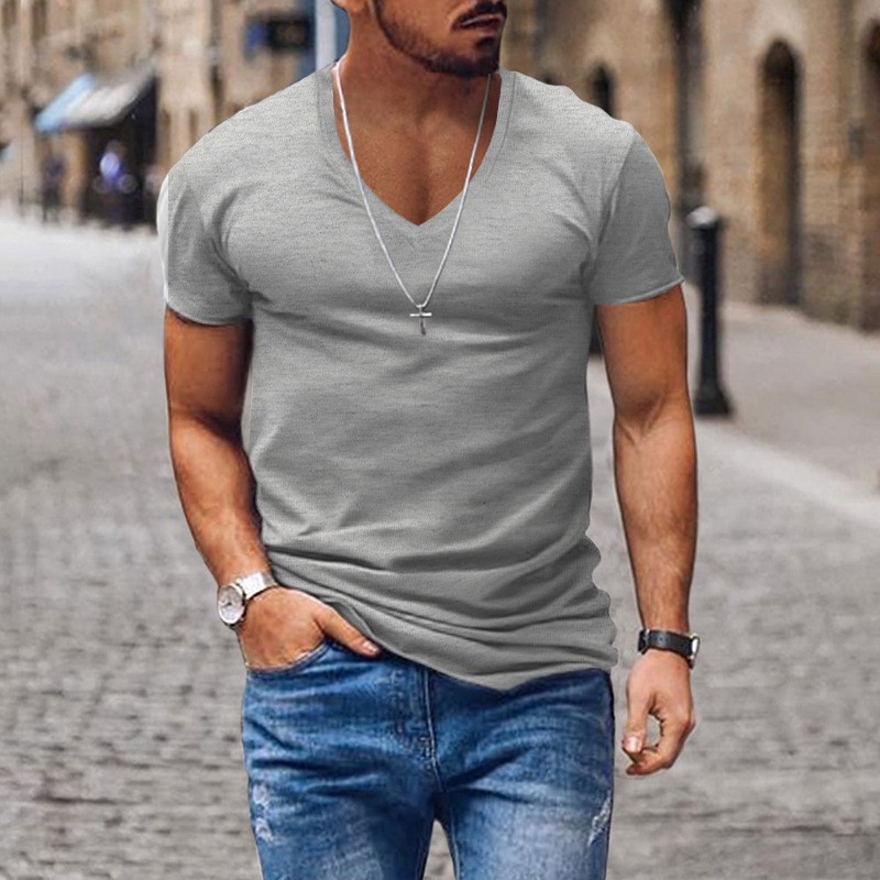 Men's Slim Fit V-neck T-shirt Solid Colour Casual Summer Style_voghion.com