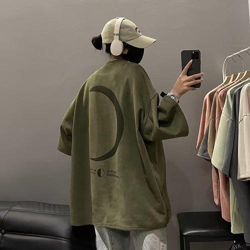 Heavyweight American vintage suede short-sleeve T-shirt for men, trendy brand, oversized military green five-sleeve summer