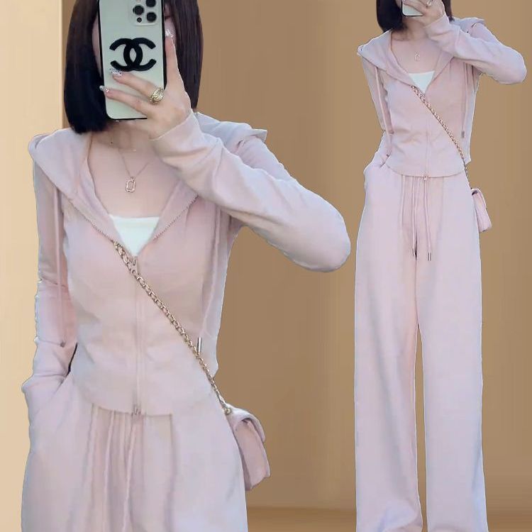 高含棉小个子休闲套装女2025年春秋季新款连帽卫衣阔腿裤两件套潮|undefined