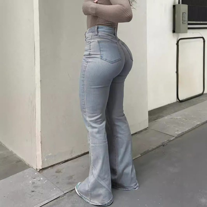 Mh1025 Jeans Street Wear Women's High Waist Flared Jeans Street Fashion Elastic Slim Fit with Pockets