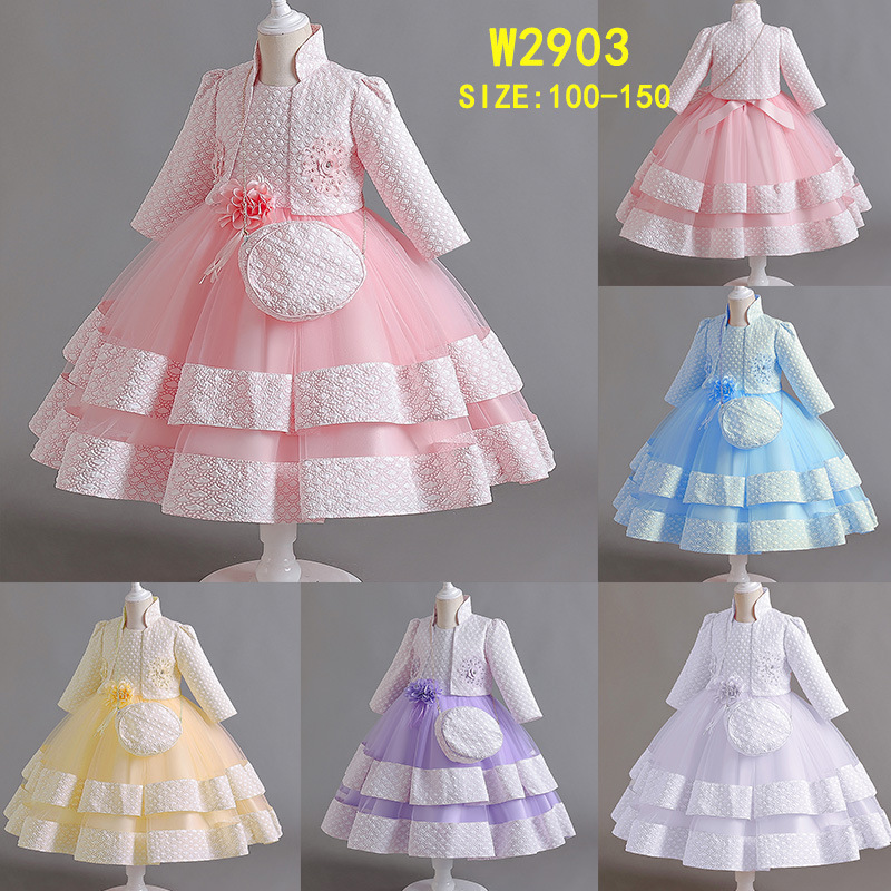 Cross-Border Children's Dress Long-Sleeved Three-Piece Suit Jacquard Dress Tutu Banquet Princess Dress Performance Clothing Wholesale
