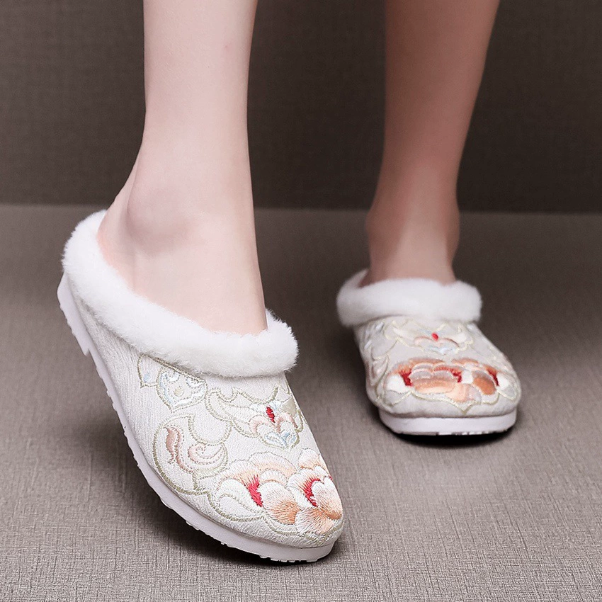 Хлопковые тапочки, женские зимние вышитые домашние полубутто, женская домашняя обувь в китайском стиле, уличная одежда на флисовой подкладке, теплые и легкие Нескользящие