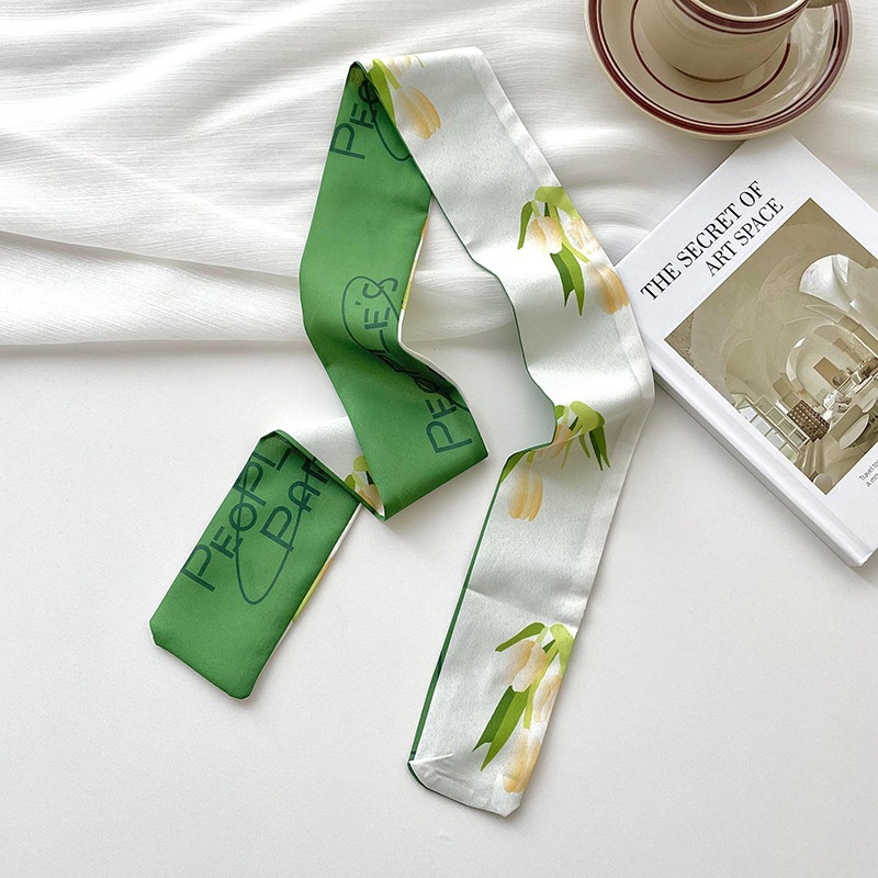 Bufandas de seda delgadas y largas para mujeres primavera y verano multifuncional bolsas de pelo atadas de pañuelo decorado correa de pelo tocado de correa