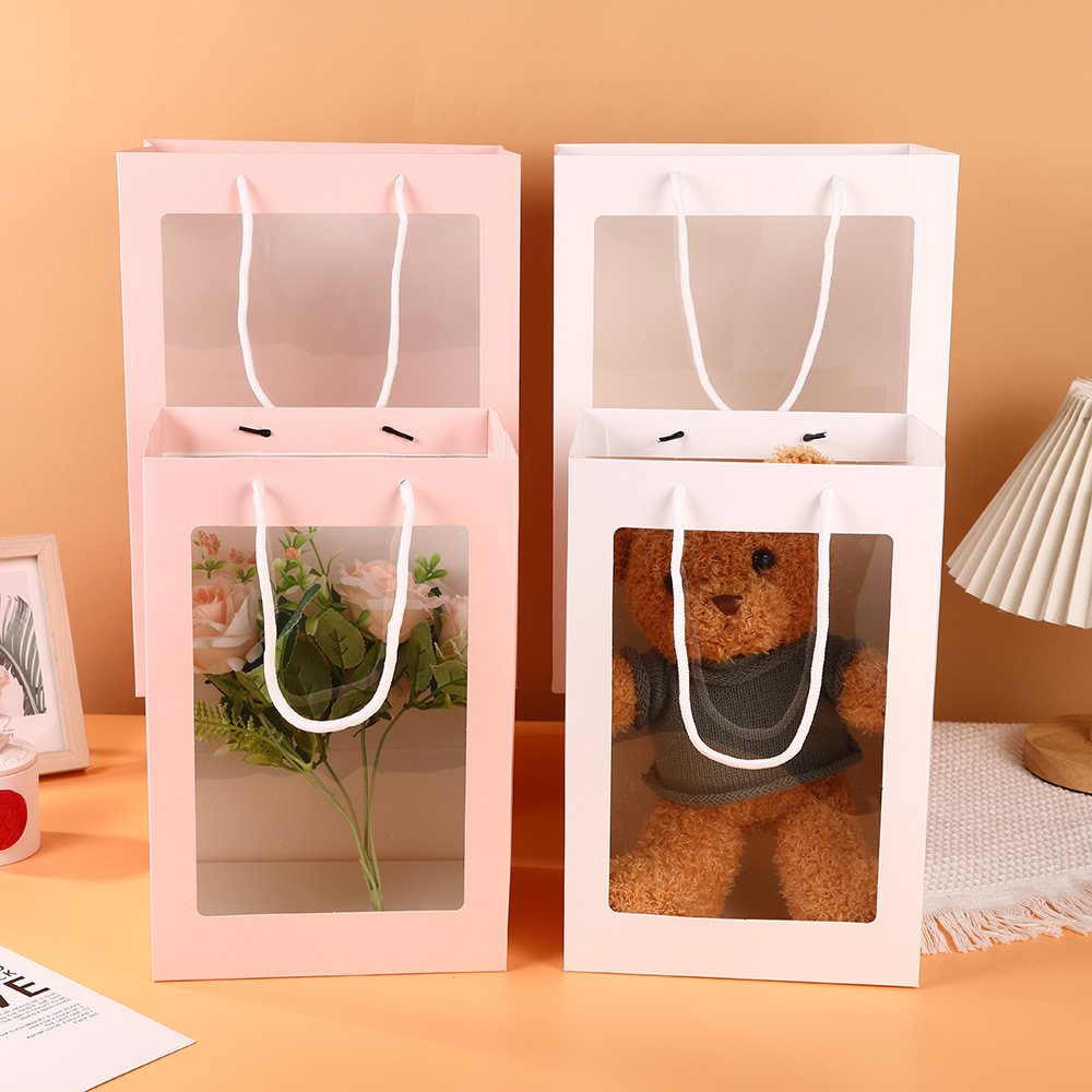 时尚方形情人节花束礼袋网红ins伴手礼手提袋透明橱窗蛋糕包装袋