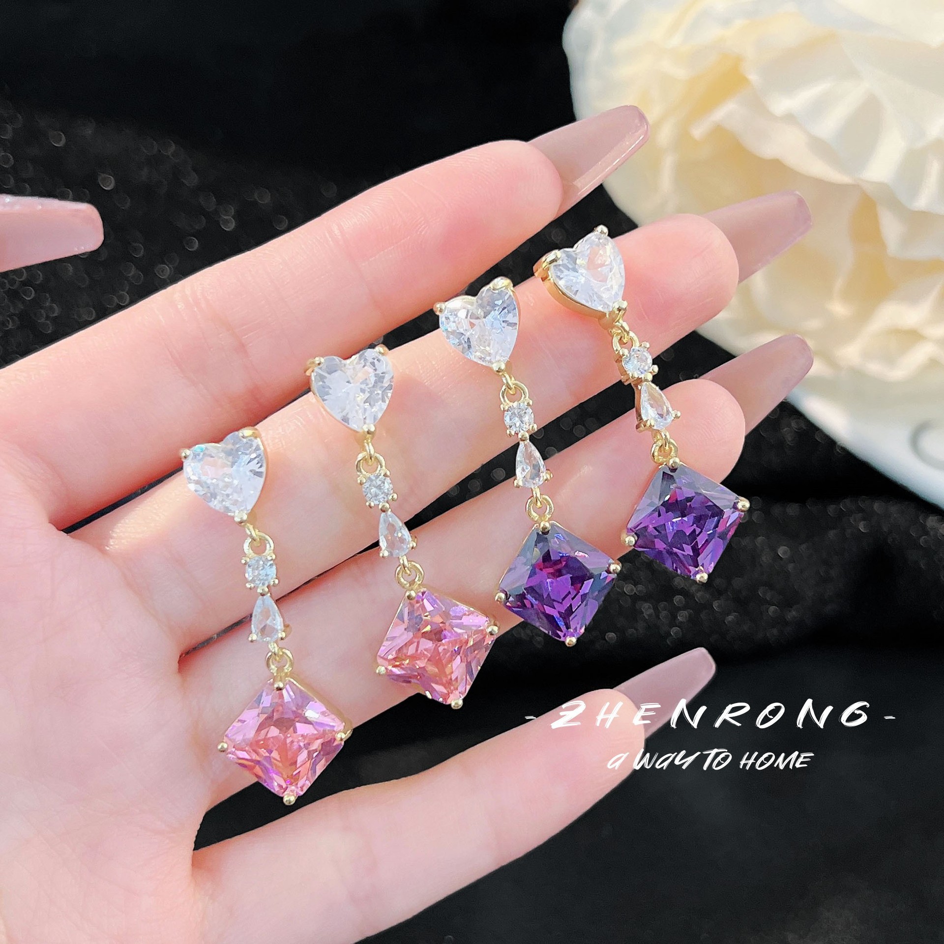 Fashionable sophisticated long geometric square pink-purple earrings…