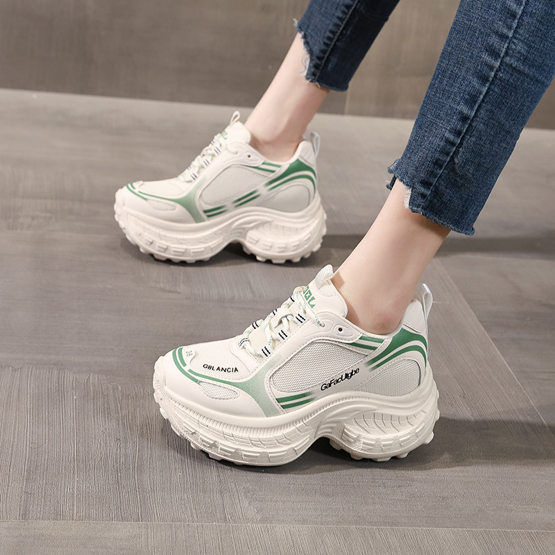Giày sneaker nữ chunky đế dày lưới thoáng khí, tăng chiều cao bên trong — Xanh lá cây nhạtcolor