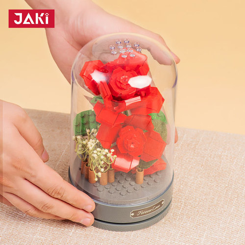 Jiaqi Music Box Building Blocks Rose Flowers Immortal Girl Gift Simulated Flower Assembled Ornaments Cross-Border JK2675