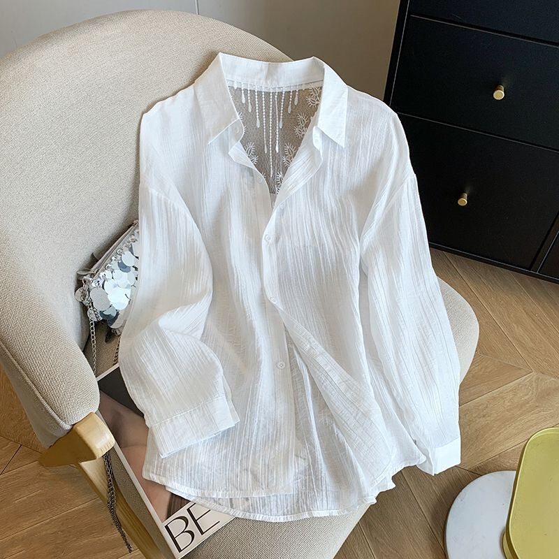 Lace Hollow White Sunscreen Shirt for Women, Summer Thin 2025 New Ice Silk Petite Shirt Jacket Lace Hollow White Sunscreen Shirt for Women, Summer Thin 2025 New Ice Silk Petite Shirt Jacket