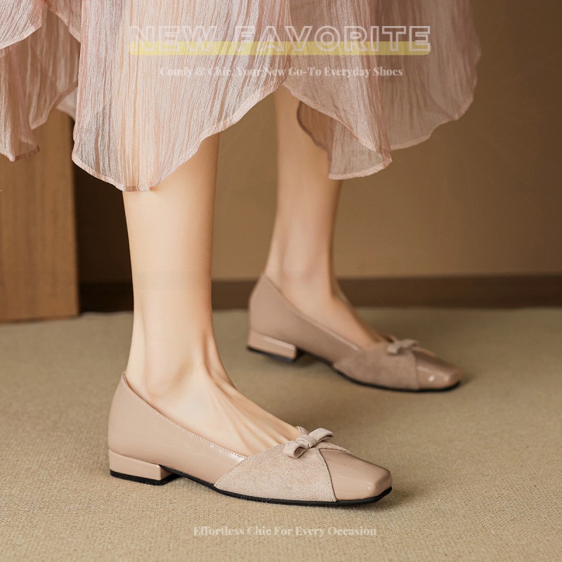 First-Layer Cowhide - Square-Toed Chunky-Heeled Women's With French-Style Bow, Elegant New-Inspired Low-Heeled_vogvips.com
