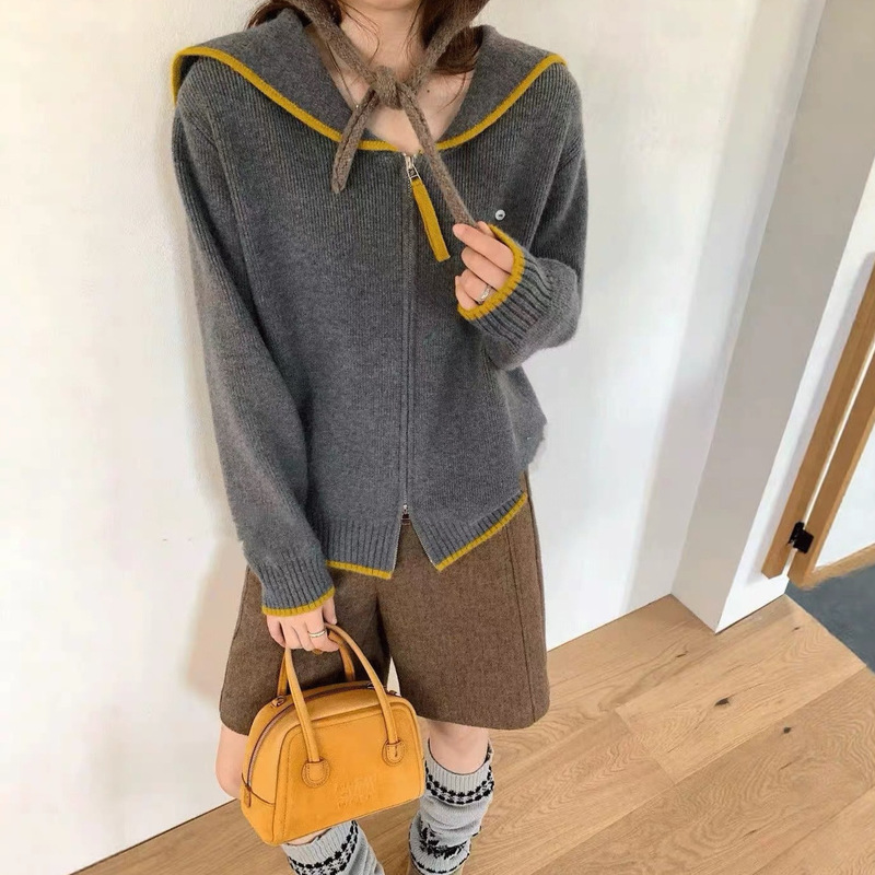 Cross-border foreign trade color-blocked casual navy collar sweater jacket for women, new autumn and winter loose-fitting age-reducing knitted cardigan top
