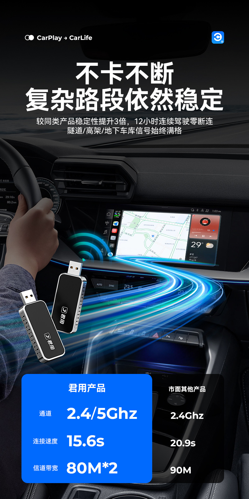 Junyong Original Car Wired Carplay to Wireless Carlife Android Phone Baidu Officially Authorized Car Interconnection