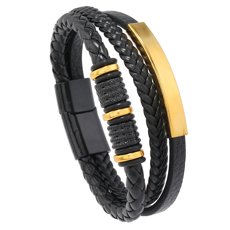 Cross-border European and American woven hand rope Amazon men's personalized magnetic buckle leather bracelet fashion stainless steel accessories bracelet