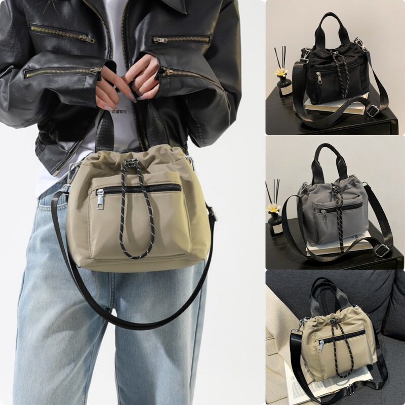 Nylon drawstring bucket bag women's all-match large capacity Fashion shoulder bag Korean style handbag simple women's handbag
