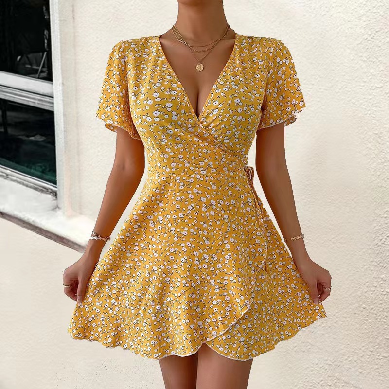 2025 Women's Dress Cross-Border European and American Amazon Hot Style Sexy Floral Lace-Up Short-Sleeved V-Neck Dress for Women