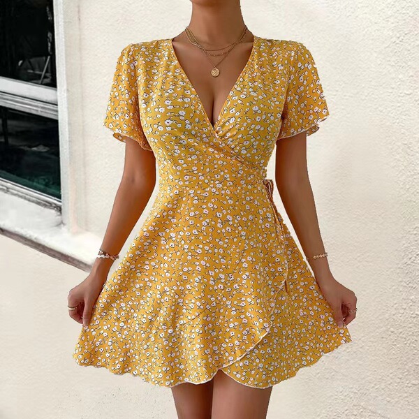 2025 Women's Dress Cross-Border European and American Amazon Hot Style Sexy Floral Lace-Up Short-Sleeved V-Neck Dress for Women