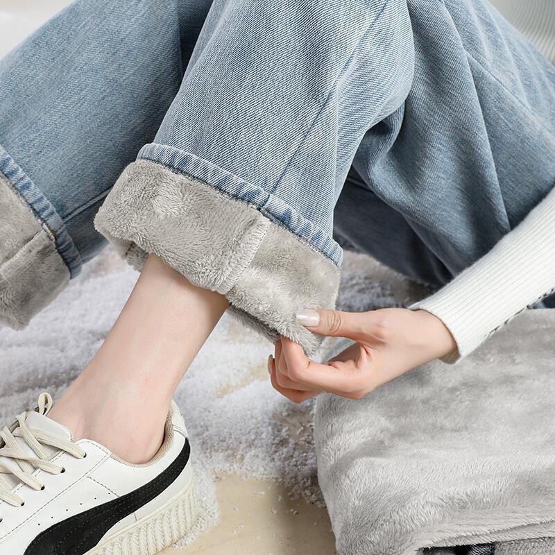 fleece-lined Thickened Wide Leg Jeans Women's 2024 Autumn and Winter New Casual Loose High Waist Slimming Straight Pants for Women