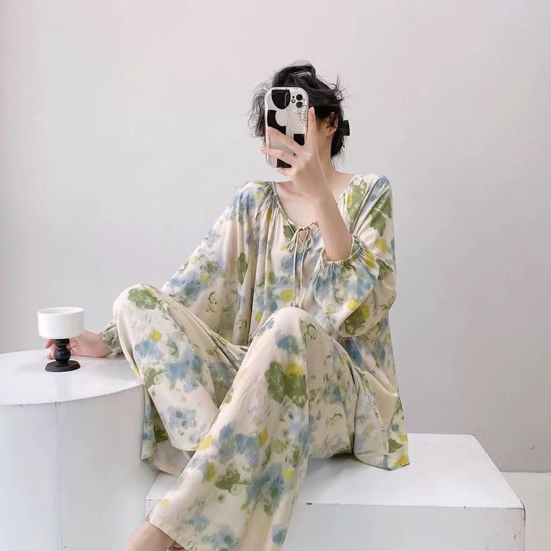 棉绸睡衣家居服慵懒国风睡衣女夏季圆领空调服百搭|undefined