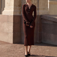 跨境欧美速卖通秋冬法式撞色修身针织连衣裙长裙气质优雅女装