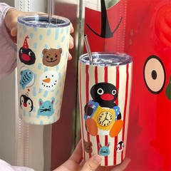 新しい漫画のポータブルステンレス鋼魔法瓶カップ、かわいい男性と女性の学生のための見栄えの良いイン大容量ストローカップ