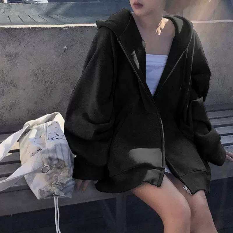 连帽卫衣女新款宽松加绒休闲慵懒运动外套春秋季长袖拉链开衫上衣