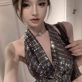 外贸跨境纯欲风辣妹亮片挂脖吊带背心女夏短款露背高级感上衣外穿