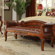 美式皮面床尾凳欧式实木床前凳床榻卧室换鞋凳简约床边长凳沙发凳