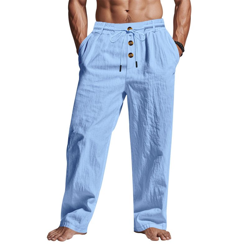 Pantalones de lino transfronterizos europeos y americanos Amazon para hombres verano respirado y relajado, pantalones casuales de piernas anchas, deportivos rectos