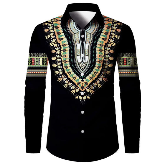 Factory Cross-border Simple Men's Long-sleeved Shirt Retro Ethnic Stripe Spring and Autumn 3D Digital Printed Top