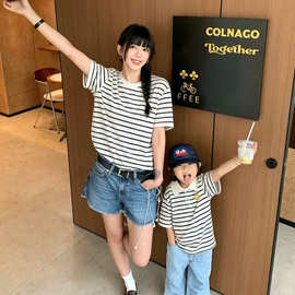时髦亲子装一家三口四口卡通笑脸条纹短袖T恤全家福母子父子装潮