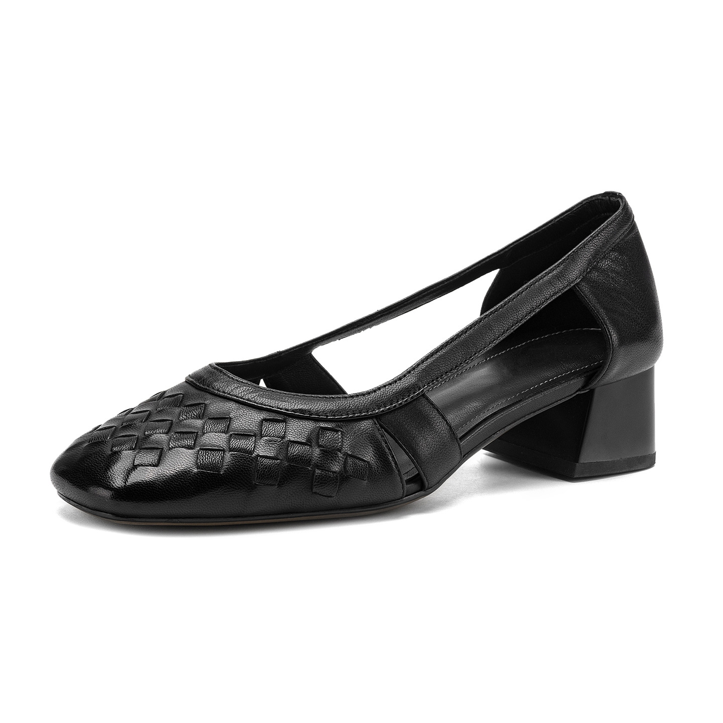Giày sandal nữ mũi vuông gót thấp 3 cm, da cừu, hở mũi, phong cách thời trang — đen chi tiết 22