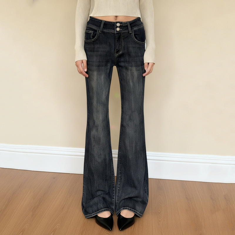 Low Price Clearance # American Street Style Basic Simple Slim Fit Flared Pants Retro Distressed Versatile Jeans