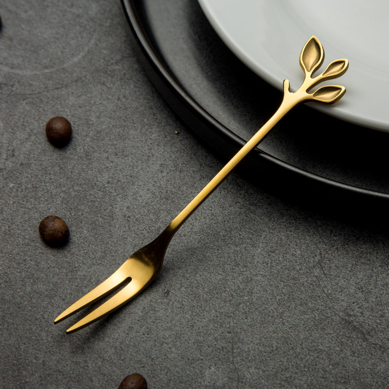 Cucchiaio piccolo dorato per mescolare caffè e dessert, regalo in acciaio inossidabile a forma di foglia, forchetta creativa per frutta_voghion.com