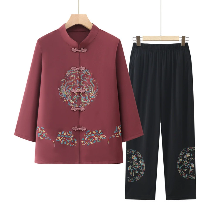 Новый китайский стиль мамы летний костюм средний рукав тонкий большой размер свободный кардиган из двух частей национальный стиль рубашка бабушка одежда