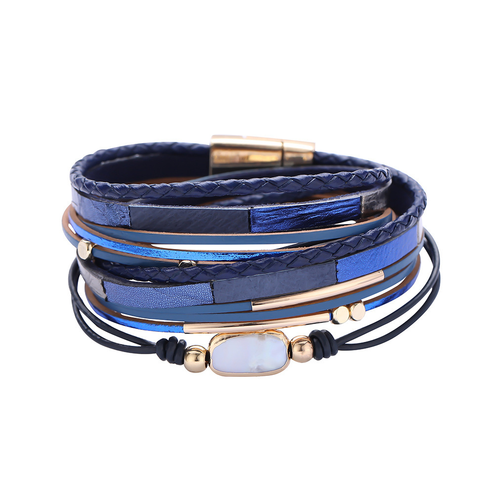 Pulsera de cuero tejido de cuero de cristal europeo y americano para mujer, pluma bohemia retro, turquesa, piedra triturada, pulsera de botón de imán