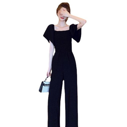 Women's Summer Thin Short Pants, Black Short Sleeve Stylish and Fashionable High-Waisted Slimming Square Collar Wide Leg Pants