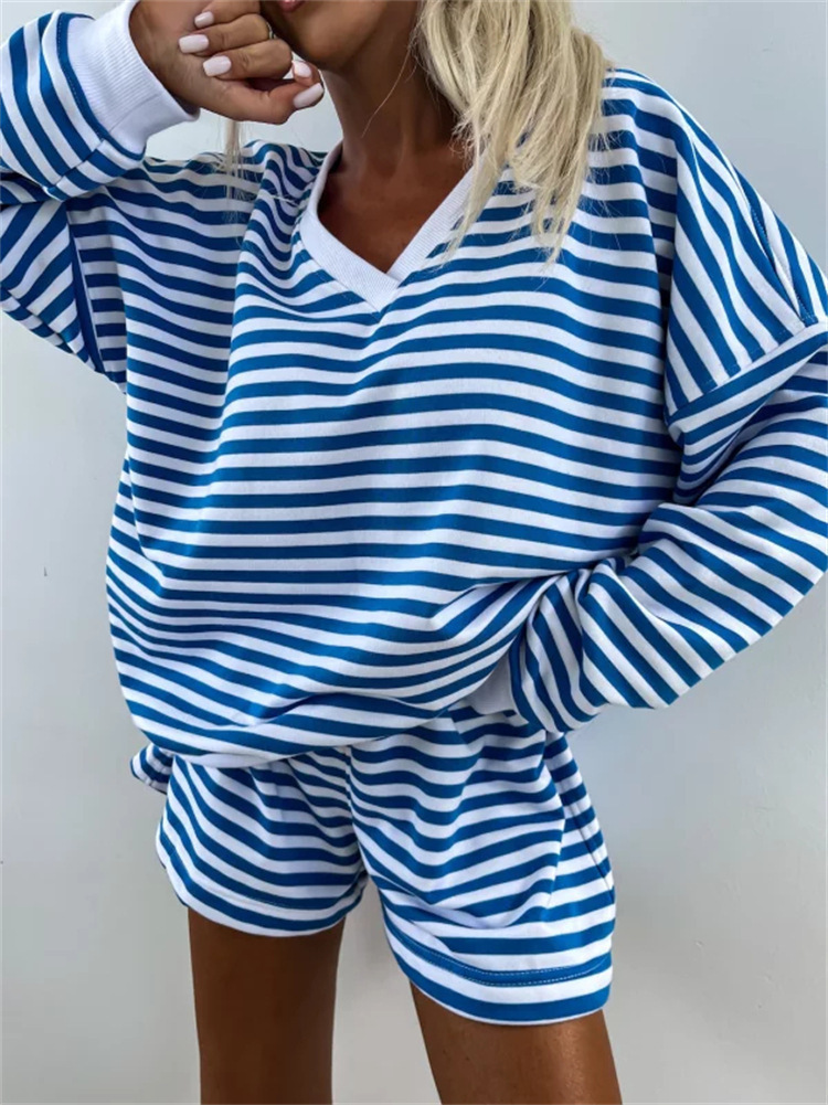 Summer New Women's Casual Striped Long Sleeve V-Neck Loose Top Sports Shorts 2-Piece Set For Women_ecoleips.com