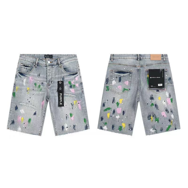 Comercio exterior transfronterizo mayorista purp1e estilo americano marca de alta calle agujero parche de tinta retrógrada lavado jeans pantalones cortos