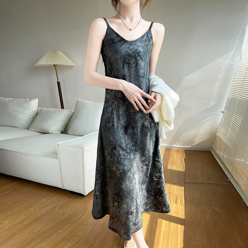 Французское ретро шелковое атласное платье с золотым шелковым жаккардовым дизайном тонкое женское платье с V-образным вырезом