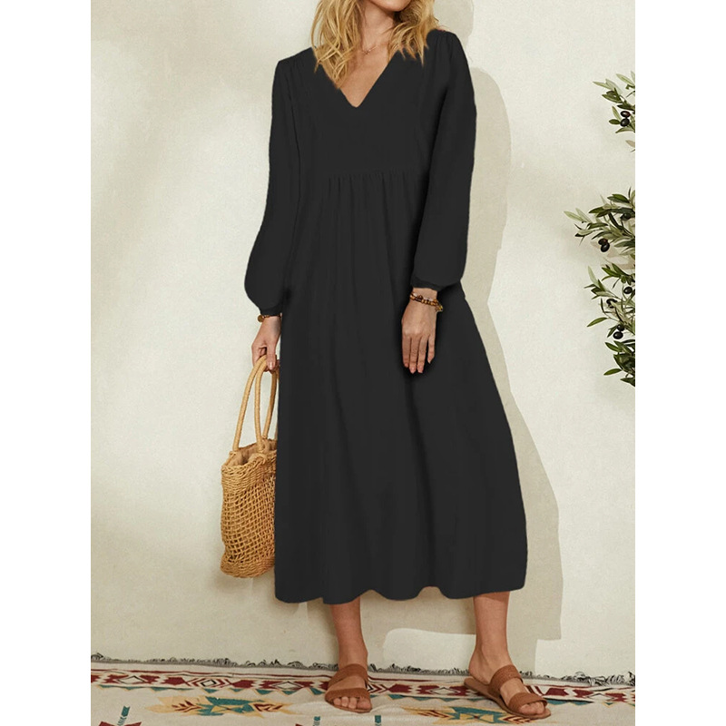 2025 Autumn New Clothing Fashion Women's Cotton Linen Loose Lantern Sleeve European And American Dress_ecoleips.com